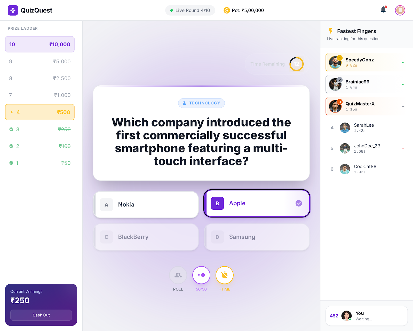 2. Live Quiz Gameplay Interface