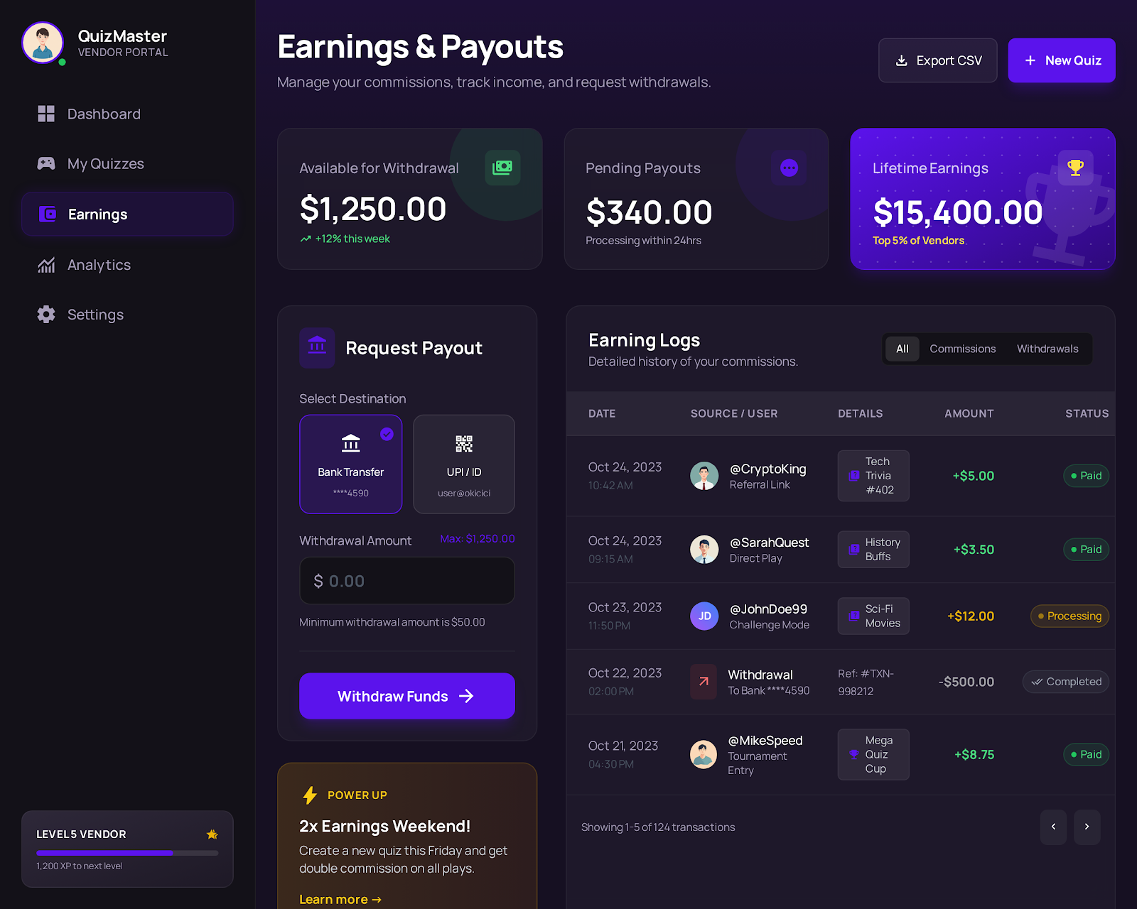 31. Vendor Earnings & Payouts Panel