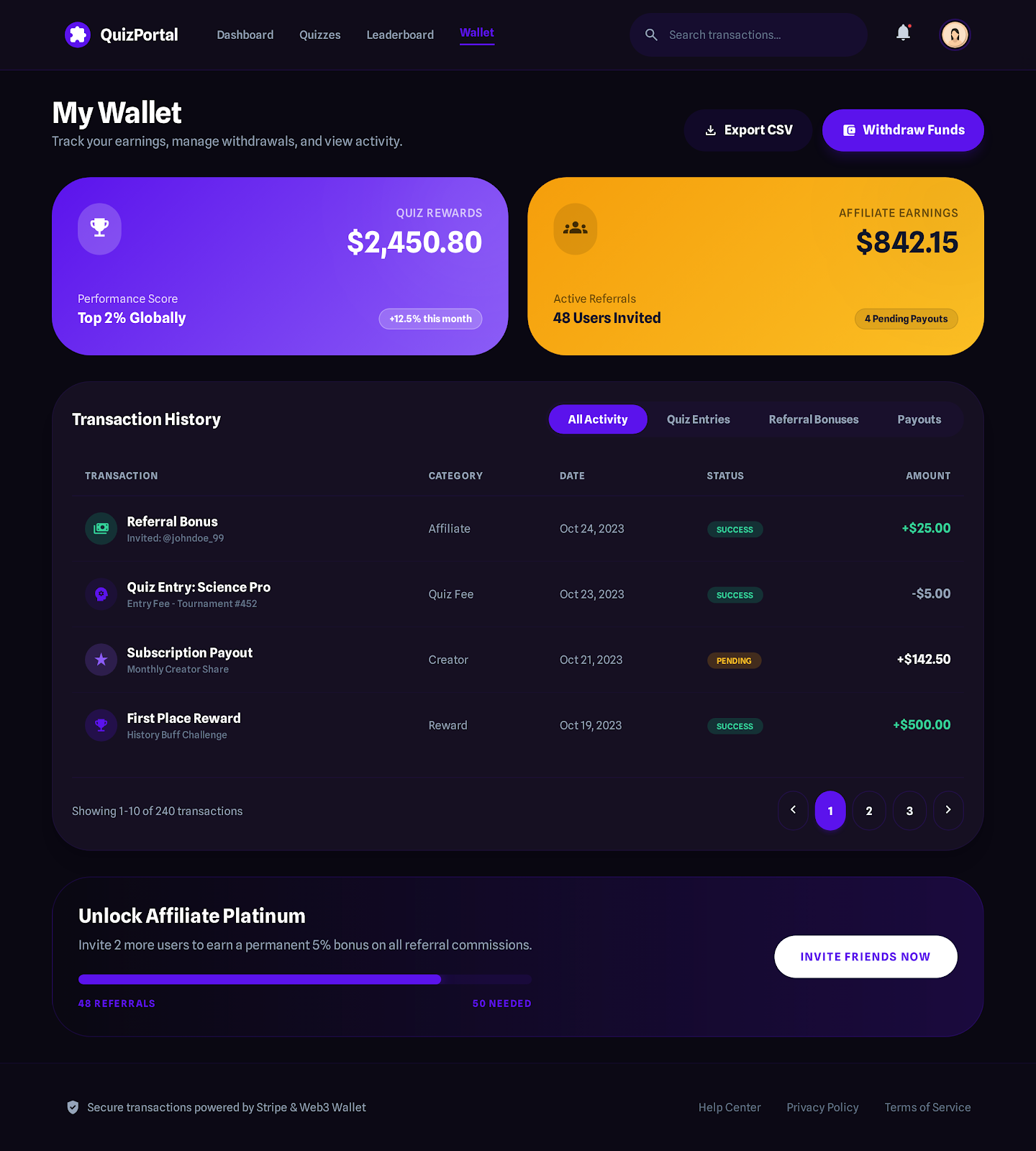 8. User Wallet & Transactions Dark View
