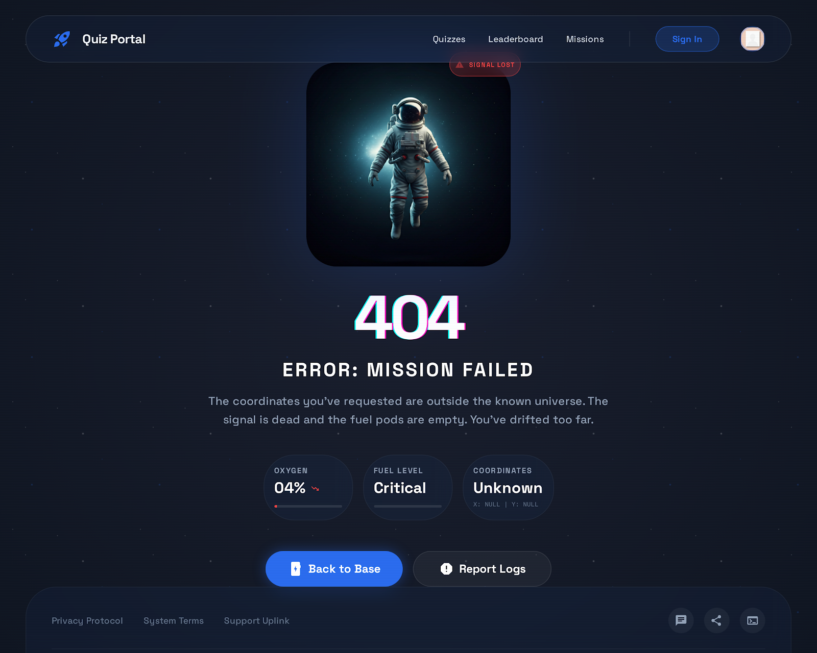 1. 404 Page Mission Failed View