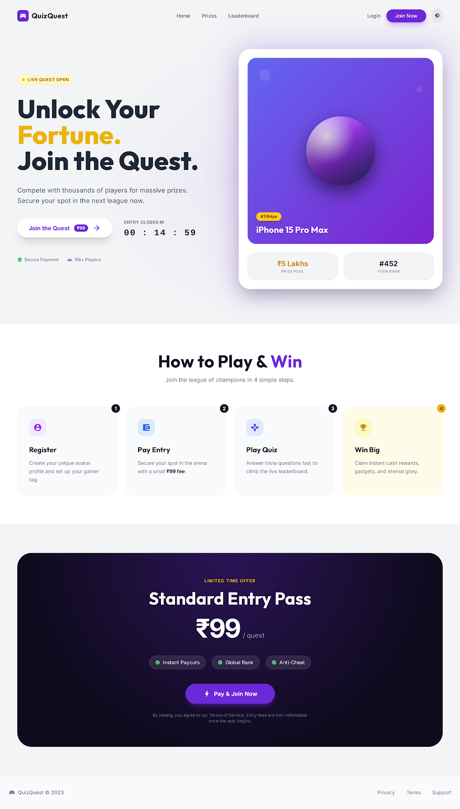 89. Quizquest Landing Page Light Mode
